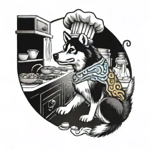 A Husky Dog With A Chef's Hat Baking Cookies In A Whimsical Kitchen Setting