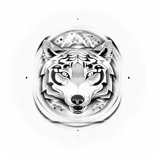 A Ying Yang Symbol With A Wolf And A Tiger Intertwined In A Black And White Dotwork Style