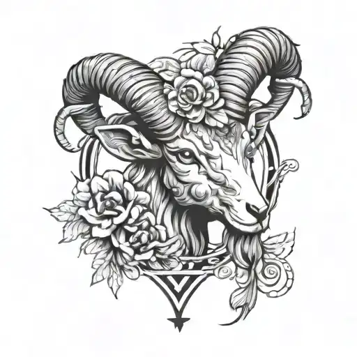 A Firey Aries Rams Head With Flowers