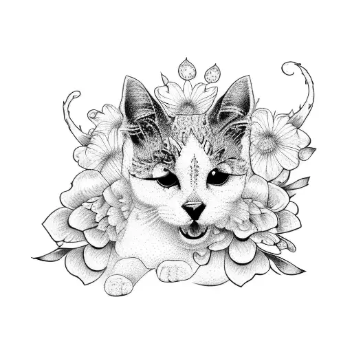 A Dotwork Tattoo Of A Cat And Dog Surrounded By Blooming Flowers