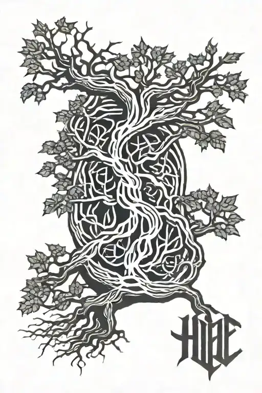 Hel Rune Growing Out Of A Tree As Roots Tattoo