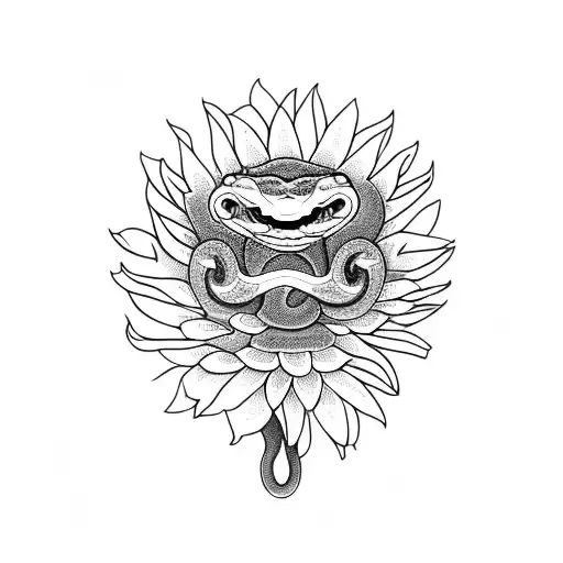 Snake Clutching A Stemmed Chrysanthemum With Two Stemmed Daffodils On Either Side