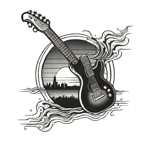 A Small Tattoo Of A Sunset With Three Dots And An Electric Guitar