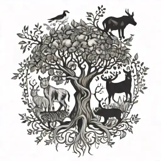 A Whimsical Tree Of Life Intertwined With Various Animals Representing Family Heritage Tattoo