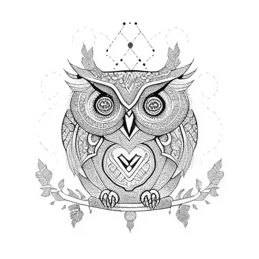 A Blackwork Tattoo Of A Wise Owl Surrounded By Intricate Maori Patterns