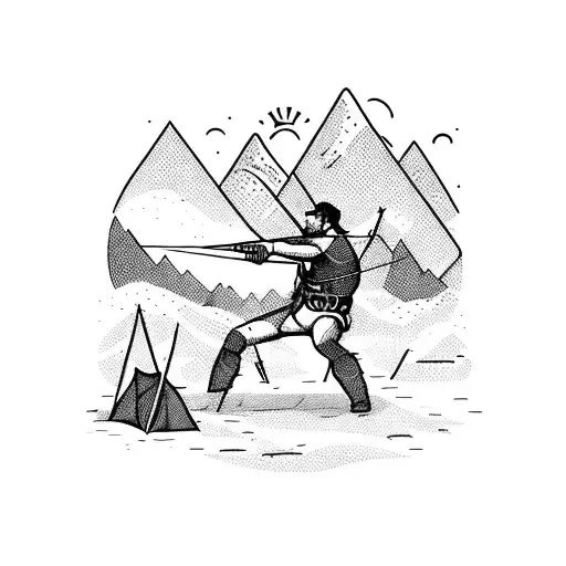 An Archer Aiming At A Target Made Of Mountains And Surrounded By Camping Gear