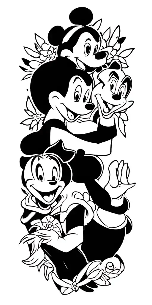 Full Sleeve Tattoo Featuring Classic Disney Characters