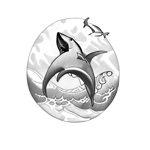 A Blackwork Tattoo Of A Shark Emerging From The Ocean With A Mountain Silhouette In The Background