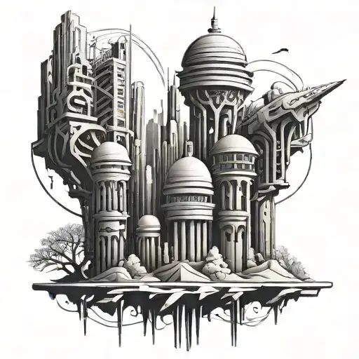 Incorporate Elements Of 3D Printing Technology Into A Futuristic Cityscape Tattoo Design