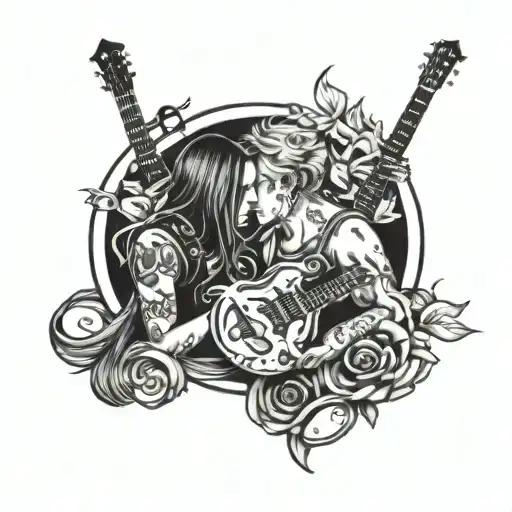 A Tattoo Design Combining Rock Music References With A Romantic Couple Motif