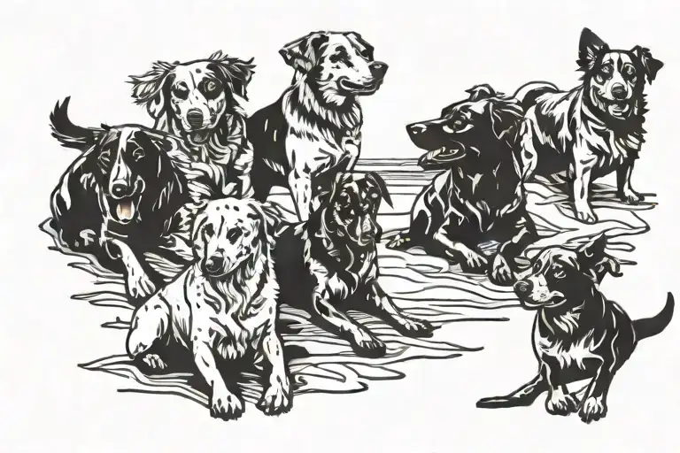 A Group Of Dogs Playing At The Beach With Friends