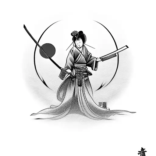 A Captivating Geisha Holding A Katana Under A Vibrant Red Sun