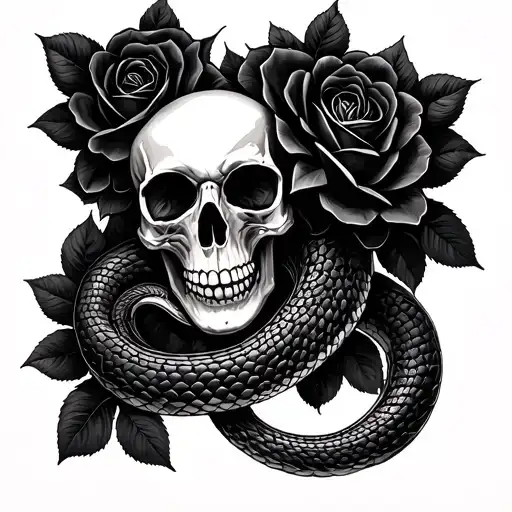 Skull And Black Rose Snake Coiled Snake