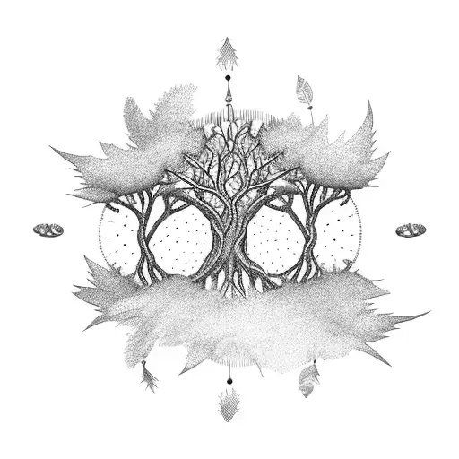 A Whimsical Tree With Dream Catchers Hanging From The Branches Tattoo