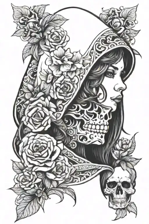 Hooded Lady With Flowerpattern And Skull