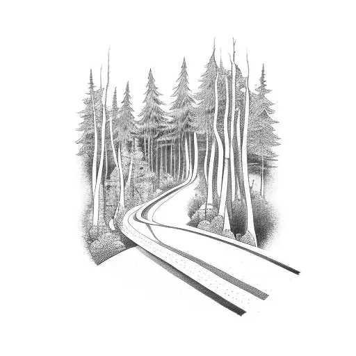 A Minimalist Tattoo Of A Winding Road Through A Forest With A Motorcycle On It