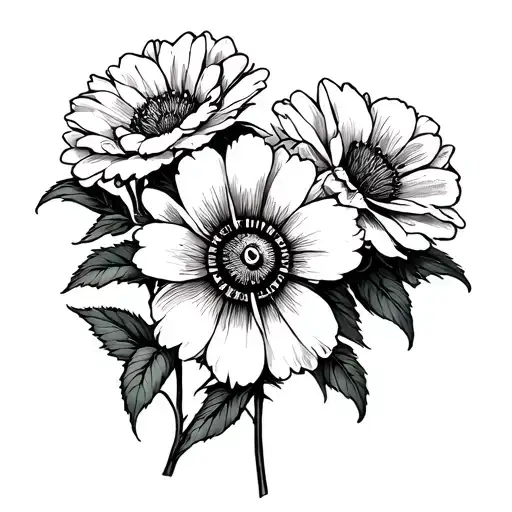 Three Flowers With Compass Behind