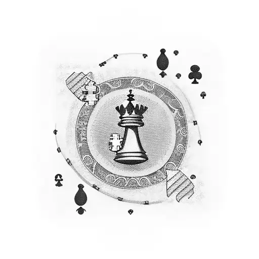 A Detailed Blackwork Tattoo Of A Chessboard With Money Raining Down On It