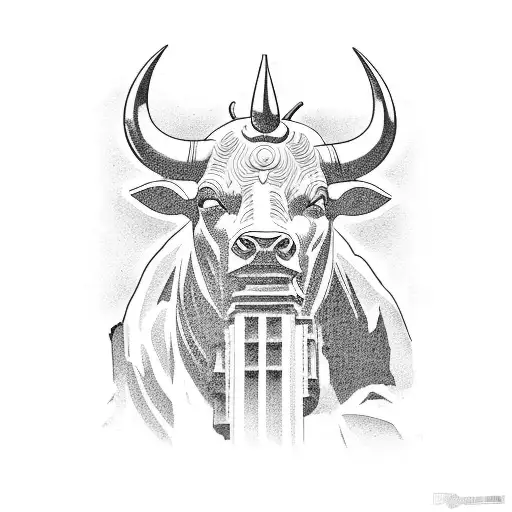 Liberty Statue Next To A Bull With The Background Of Manhattan Skyscrapers