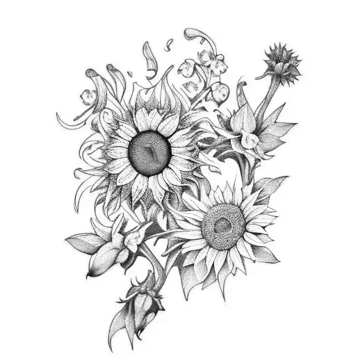 Sunflower And Carnation And Lily Of The Valley And Larkspur