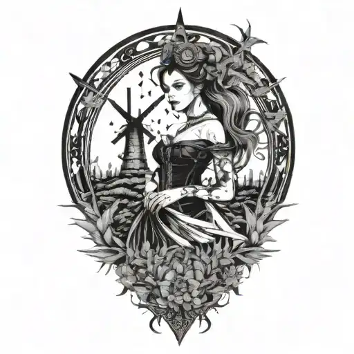 A Gothic Female Surrounded By Windmills And Thistles
