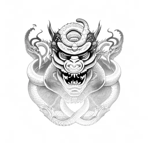 Oni Mask With Dragon And Snake