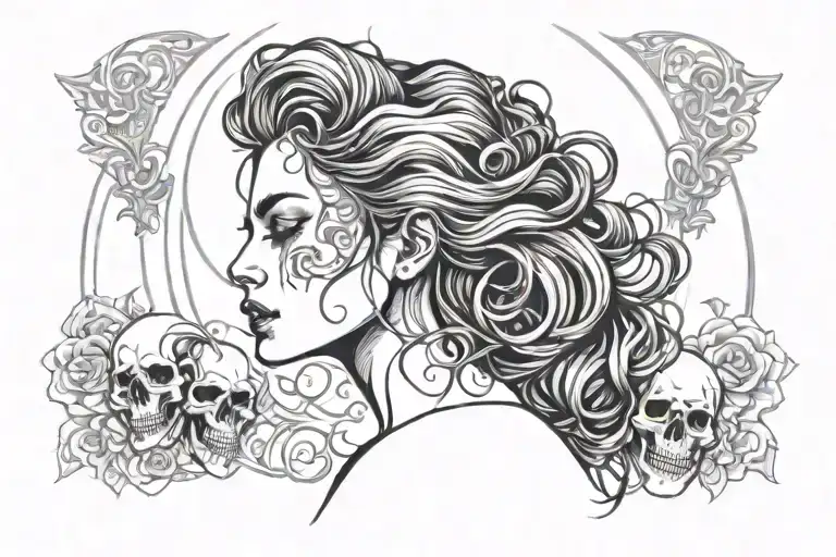 Woman's Face Crying With Hair Blowing And A Skull Surrounded By Arches