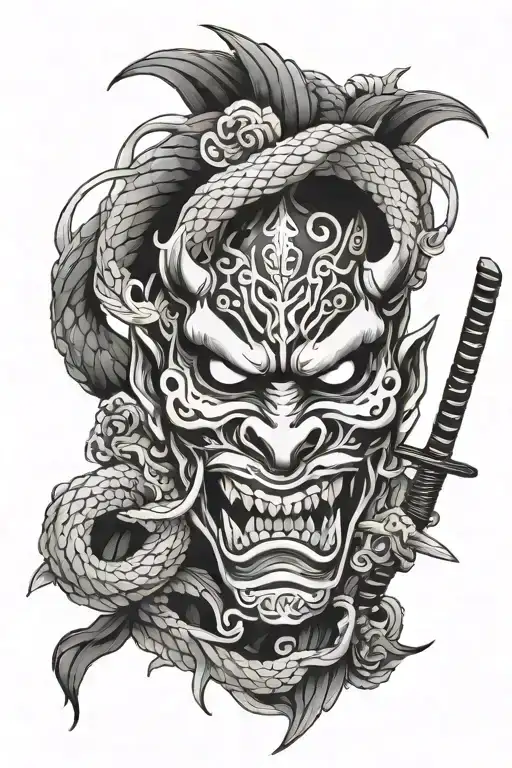 Oni Mask With Katana Surrounded By White Snake Coiled