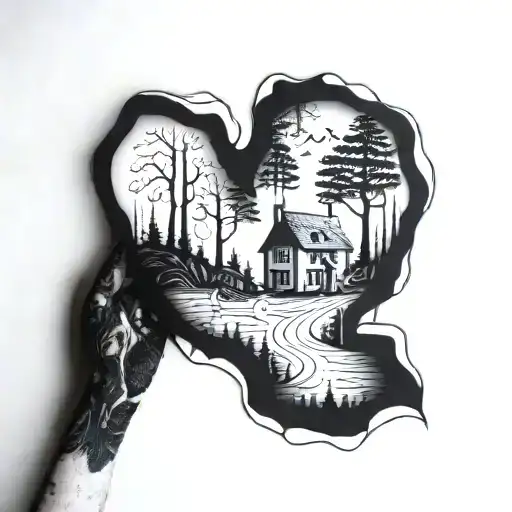 A Music-themed Sleeve Tattoo Featuring A Line Of Life House In The Forest In Blackwork Style