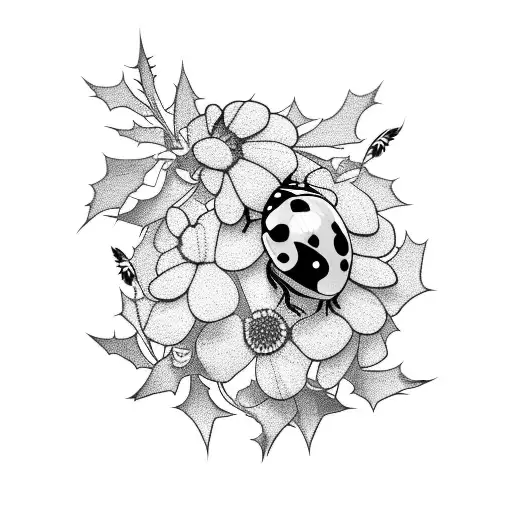 Ladybug Surrounded By Holly And Larkspur Flowers