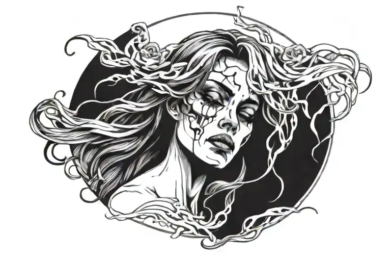 Woman's Face Crying With Hair Blowing And A Skull Surrounded By Arches