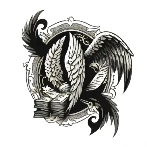 A Unique Tattoo Design Incorporating Elements Of Money And Angel Wings