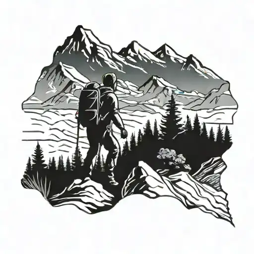 A Detailed Silhouette Of A Hiker Trekking Through A Mountain Range