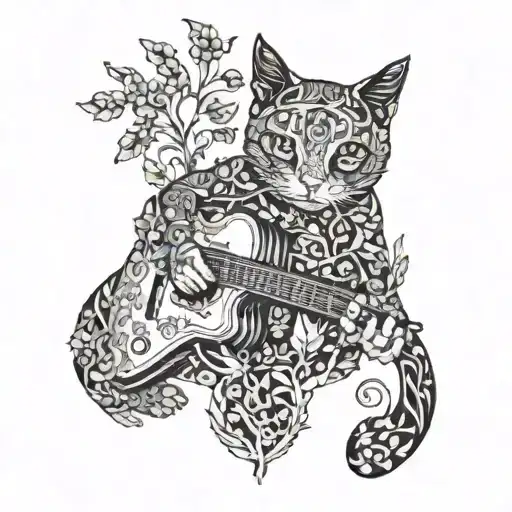 A Psychedelic Garden Scene With A Cat Playing A Guitar Made Of Vines