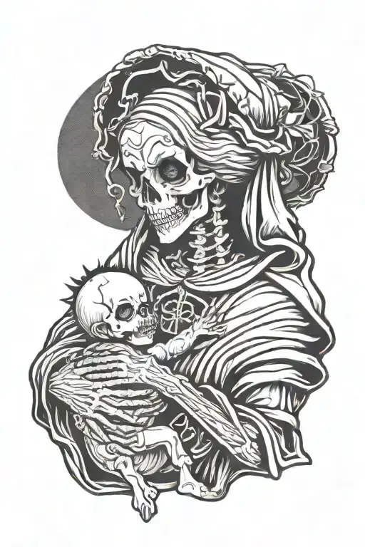 Skeleton Mary Holding Alien Baby Jesus Christ