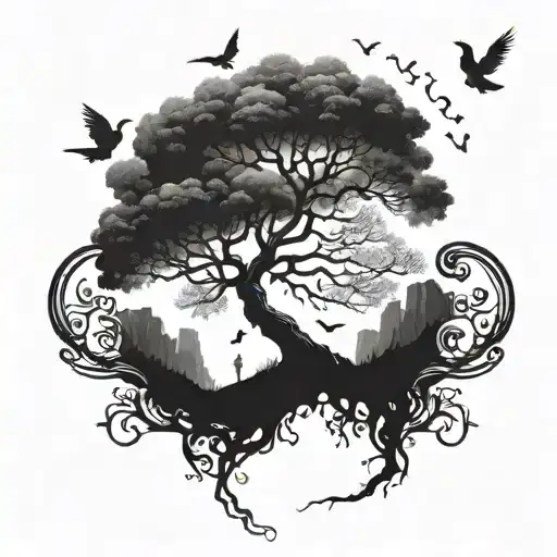 A Surreal Tattoo Of A Tree Growing Out Of A Dark Abyss With Birds Soaring Into The Sky
