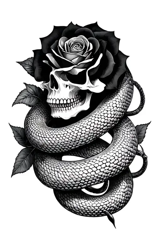 Skull And Black Rose Snake Coiled Snake