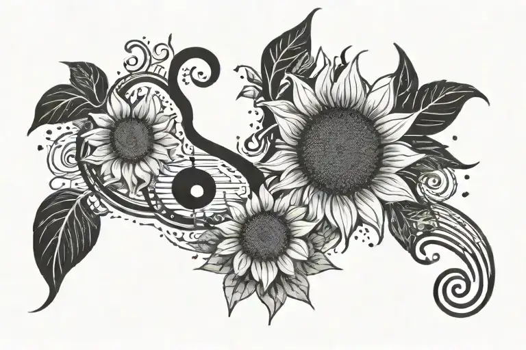 Sunflower Surrounded By Stars And Music Note Intertwined