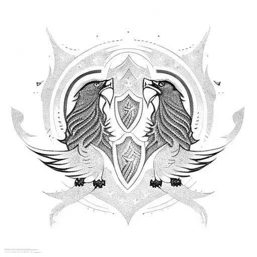 A Blackwork Tattoo Design Of An Eagle And A Wolf Working Together To Steal Something Precious
