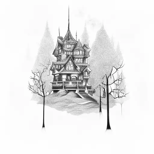 An Intricate Design Of A Haunted House With Creepy Trees And Ghostly Figures