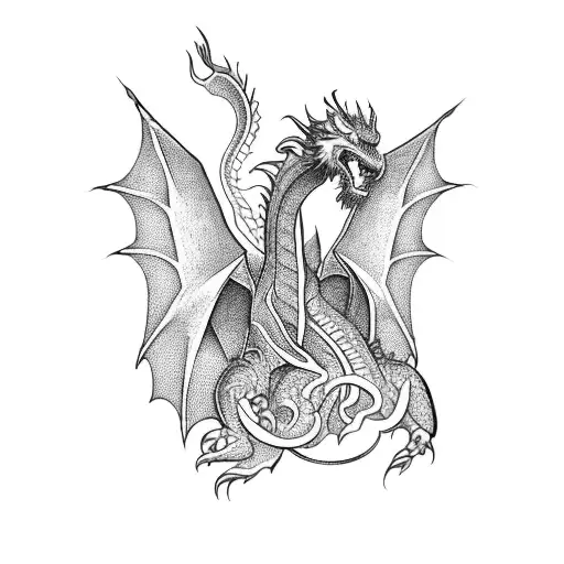 An Intricate Hand Tattoo Featuring A Dragon Intertwined With Egyptian Hieroglyphics