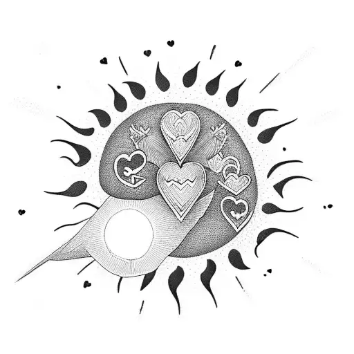 3 Small Hearts With A Bird And A Sun