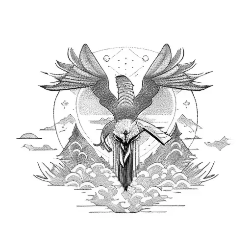 A Detailed Blackwork Tattoo Of A Fierce Eagle And A Cunning Wolf Stealing Together