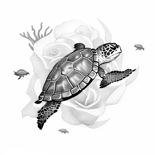 Sea Turtle And Sting Rays Swimming In Flowers