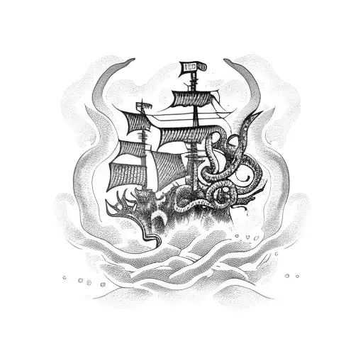 Arm Wrestling Match Between A Kraken And A Pirate Ship