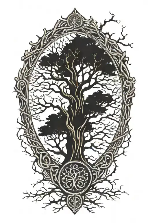Viking Tree Of Life Centered On A Cracked Wooden Shield With Branches Growing Out Irregularly