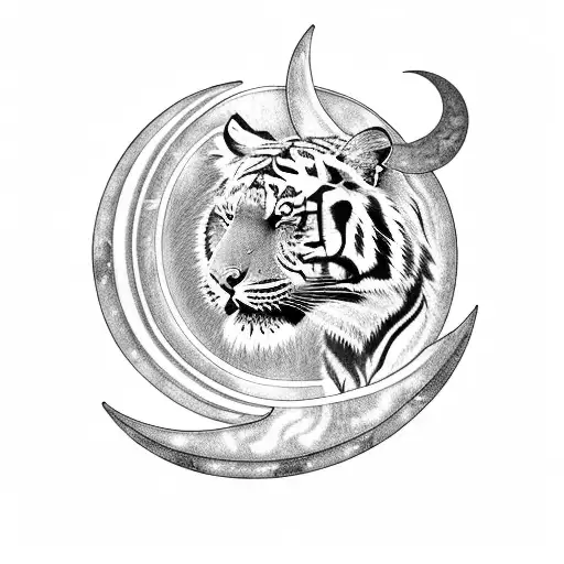 A Blackwork Tattoo Featuring A Tiger Resting On A Crescent Moon