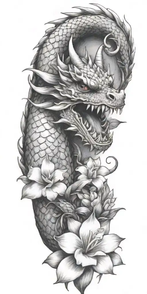 Dragon Winding With Dragonfruit Plant And Plumeria Flower