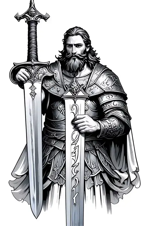 King Arthur With Beard Holding A Sword Roman Numbers Of 20 And 21 On The Sword