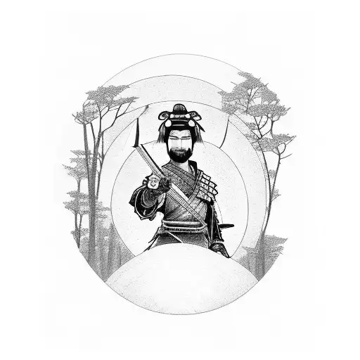 Samurai Warrior Standing In A Serene Forest Under A Full Moon